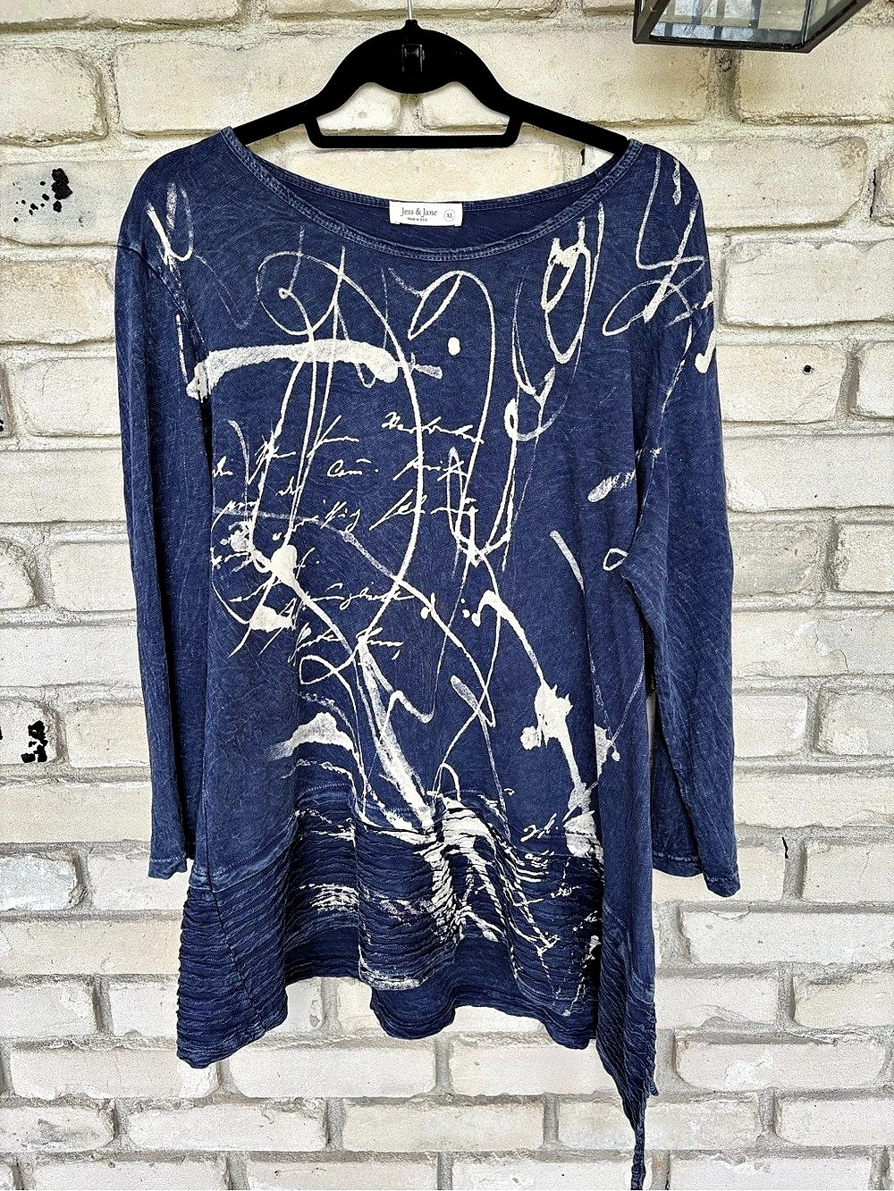 Jess & Jane Abstract 3/4 length  Sleeve Tunic top in Blue & White Size XL